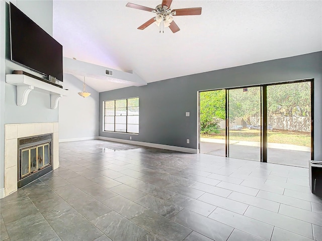 unfurnished living room featuring high vaulted ceiling, a fireplace, and ceiling fan