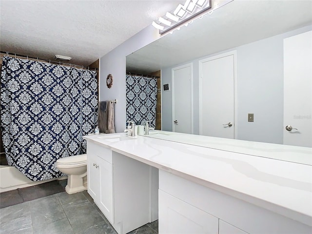 bathroom with toilet, a textured ceiling, a shower with curtain, and vanity