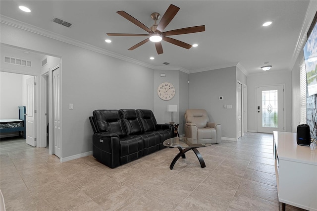 tiled living room with crown molding and ceiling fan