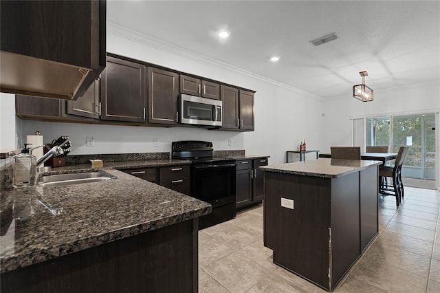 kitchen featuring ornamental molding, dark brown cabinetry, sink, a center island, and black range with electric stovetop