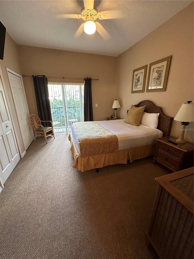 bedroom with a closet, carpet floors, access to outside, and ceiling fan