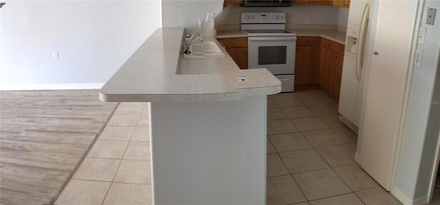 kitchen featuring kitchen peninsula, white range with electric cooktop, sink, and light tile patterned floors