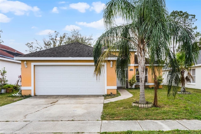 single story home featuring a front yard and a garage