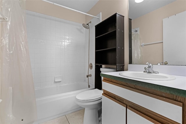 full bathroom with tile patterned flooring, vanity, toilet, and shower / bathtub combination with curtain