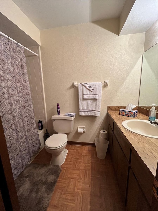 full bathroom with vanity, shower / bath combination with curtain, toilet, and parquet floors