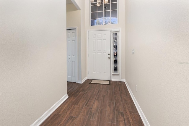 foyer entrance with a towering ceiling and dark wood-type flooring