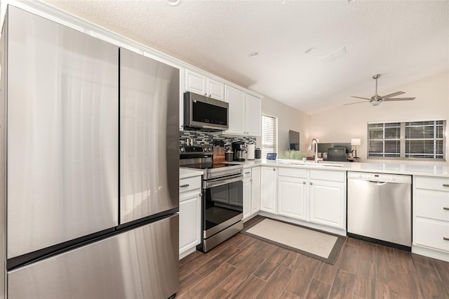 kitchen featuring lofted ceiling, dark wood-type flooring, white cabinets, sink, and stainless steel appliances