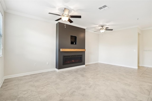 unfurnished living room with ceiling fan and ornamental molding