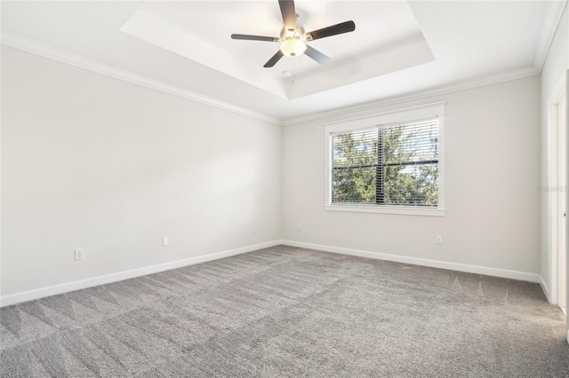 unfurnished room featuring a raised ceiling, ceiling fan, carpet, and ornamental molding