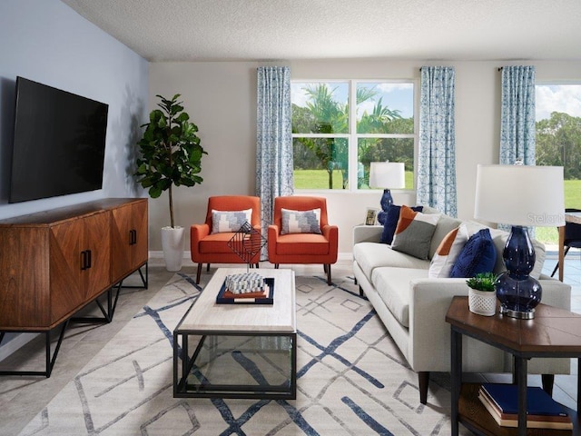 carpeted living room featuring a textured ceiling