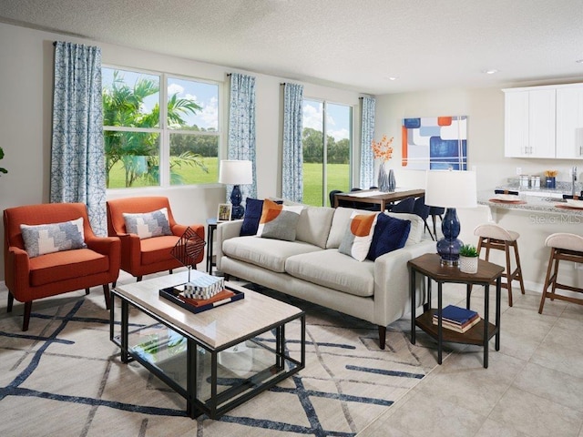 living room with a textured ceiling