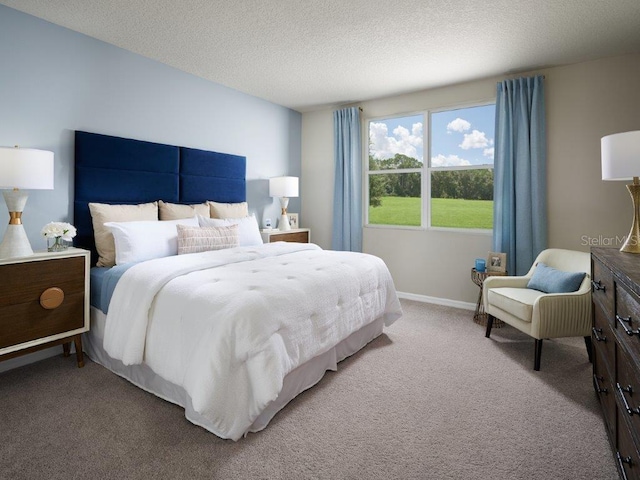 carpeted bedroom with a textured ceiling