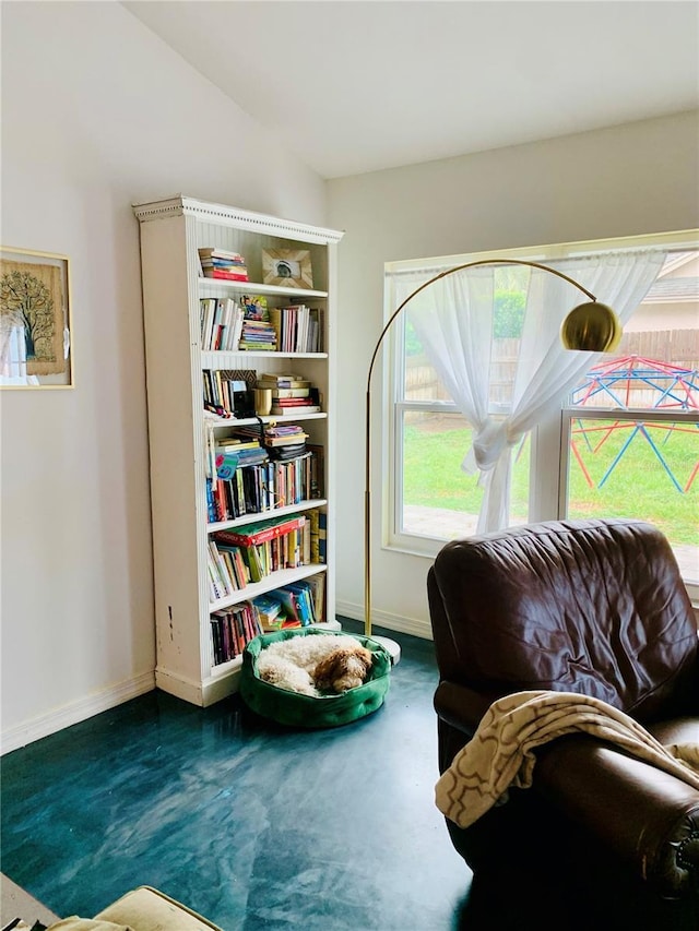 sitting room with dark carpet and vaulted ceiling