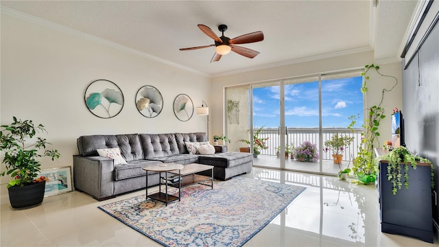 tiled living room featuring ceiling fan and crown molding