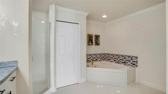 full bath with a closet, ornamental molding, vanity, a shower stall, and a bath