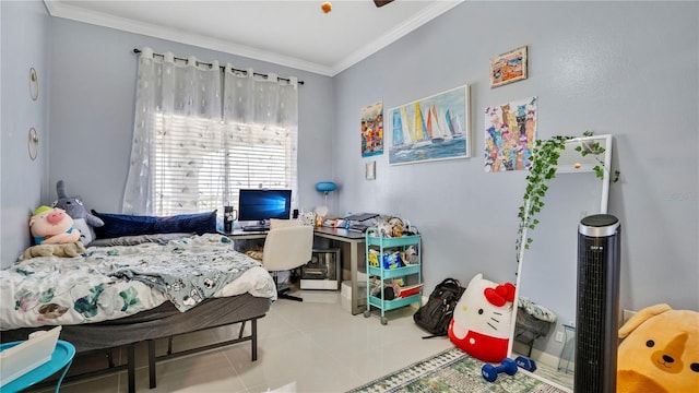 tiled bedroom with ornamental molding