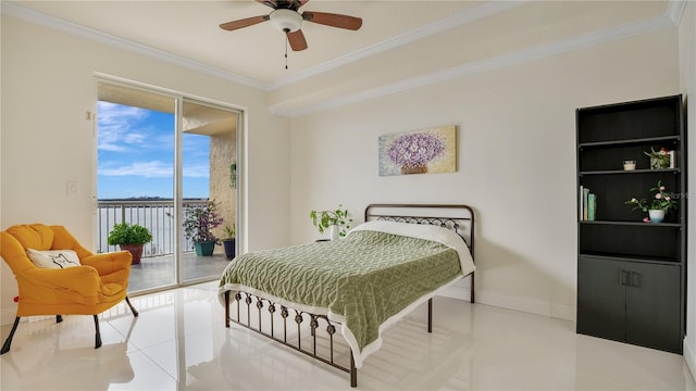 bedroom featuring light tile patterned floors, ceiling fan, baseboards, access to outside, and crown molding