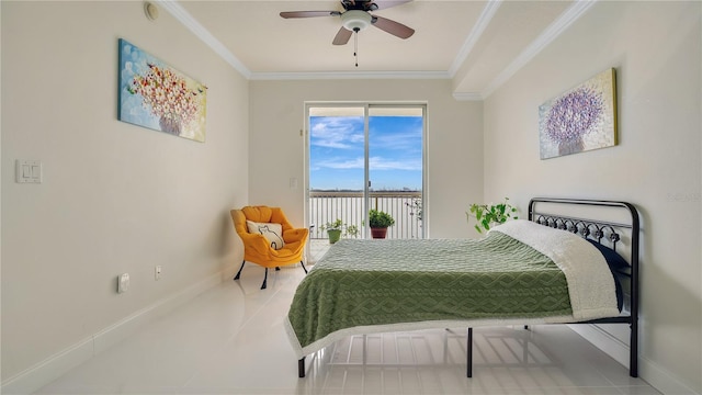 bedroom with baseboards, access to outside, tile patterned floors, and crown molding