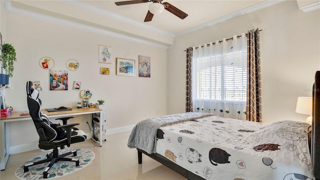 bedroom with a ceiling fan, baseboards, crown molding, and tile patterned floors