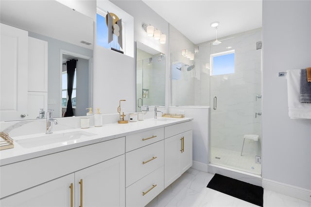 bathroom featuring vanity and walk in shower