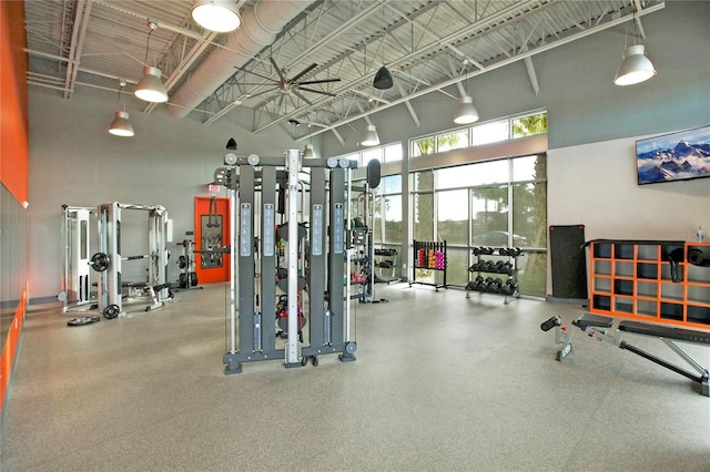 exercise room with a high ceiling