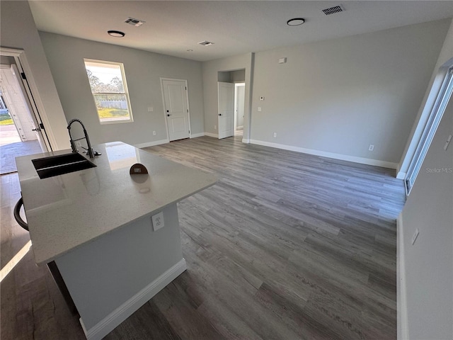 kitchen featuring dark hardwood / wood-style flooring, sink, and a kitchen island with sink