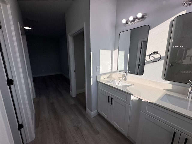 bathroom featuring hardwood / wood-style floors and vanity