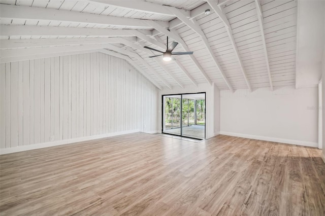 interior space with ceiling fan, lofted ceiling with beams, light wood-type flooring, and wooden ceiling