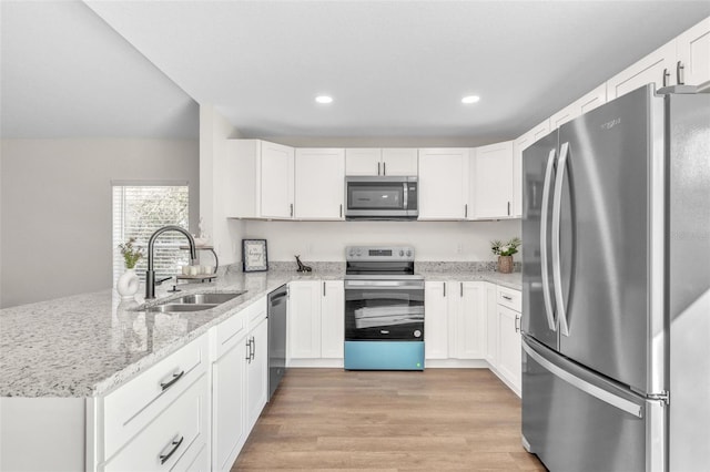 kitchen featuring stainless steel appliances, sink, white cabinets, and kitchen peninsula