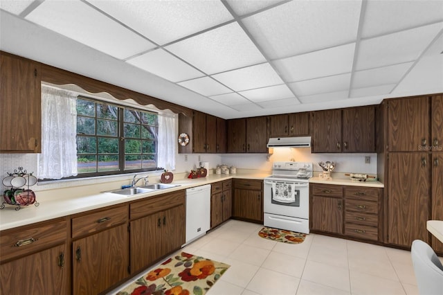 kitchen featuring a drop ceiling, dark brown cabinets, white appliances, sink, and light tile patterned floors