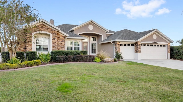 single story home featuring a garage and a front lawn