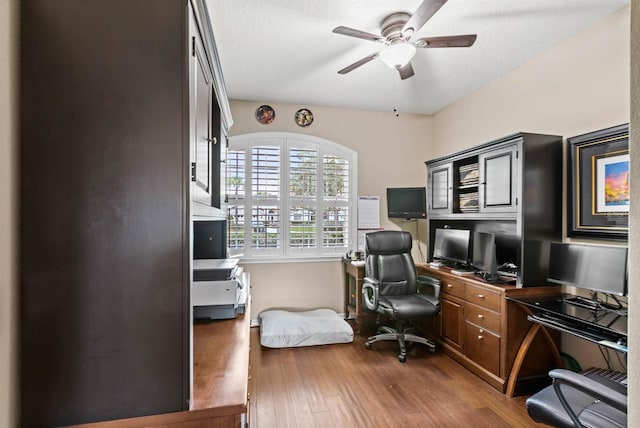 office area featuring ceiling fan, hardwood / wood-style floors, and a textured ceiling