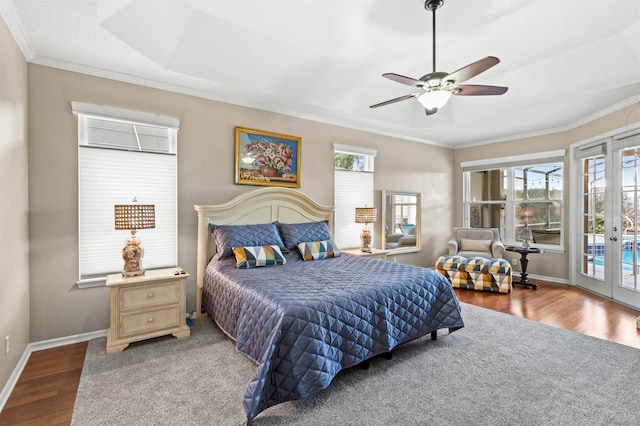 bedroom with access to outside, ceiling fan, french doors, and ornamental molding