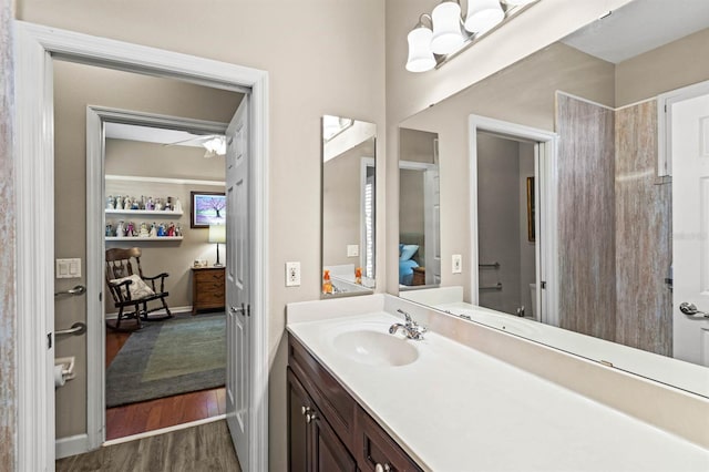 bathroom featuring hardwood / wood-style flooring and vanity