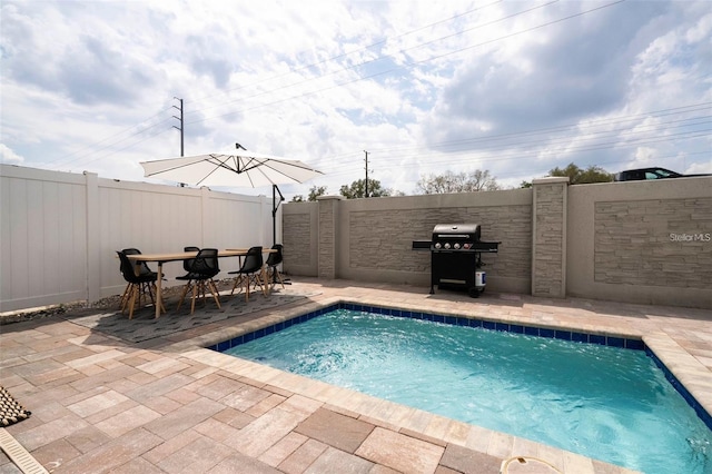 view of swimming pool with a patio area and a grill