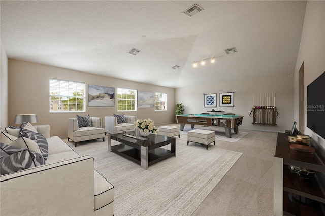 living room with light carpet, a textured ceiling, rail lighting, and billiards