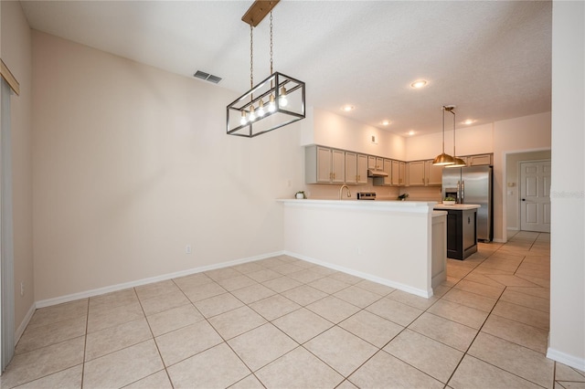 kitchen featuring kitchen peninsula, stainless steel fridge with ice dispenser, light tile patterned floors, and decorative light fixtures