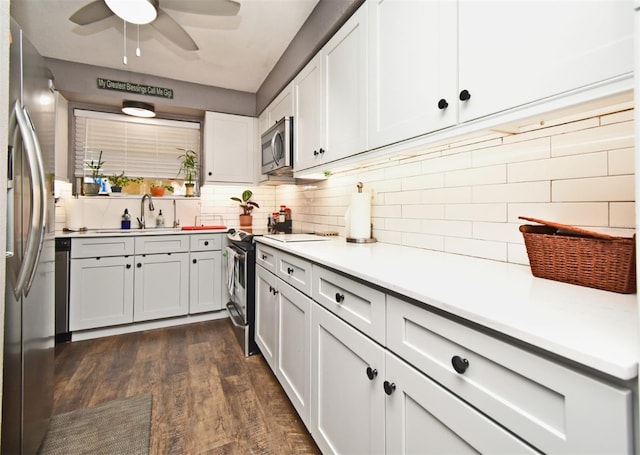 kitchen with sink, decorative backsplash, appliances with stainless steel finishes, dark hardwood / wood-style flooring, and white cabinetry