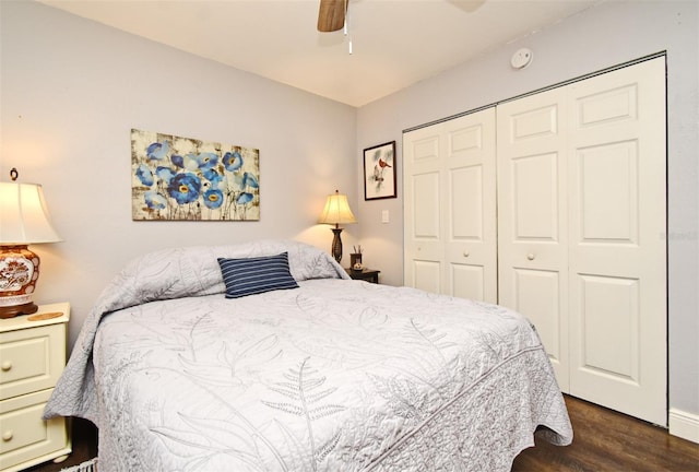 bedroom with ceiling fan, a closet, and dark wood-type flooring