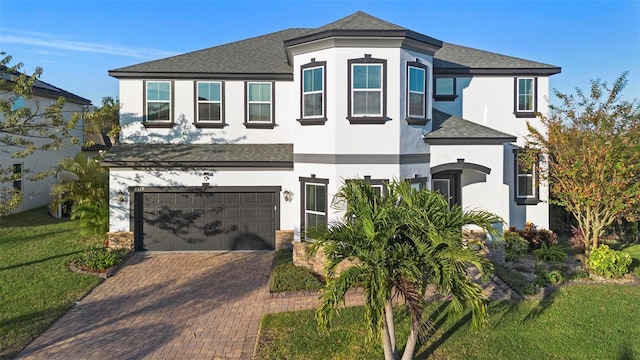 view of front of property with a front yard and a garage