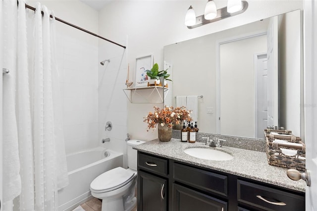 full bathroom with tile patterned flooring, vanity, toilet, and shower / tub combo with curtain