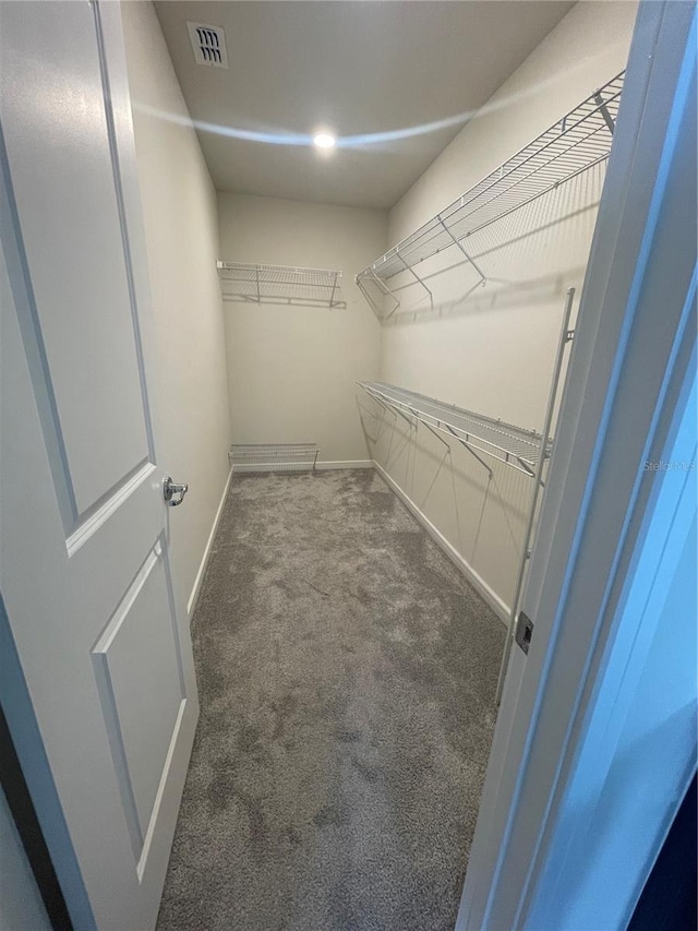 walk in closet with dark carpet