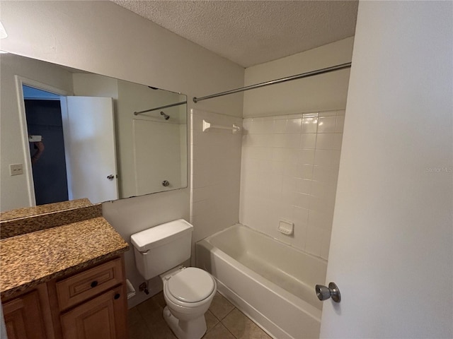 full bathroom with tile patterned flooring, shower / bathing tub combination, a textured ceiling, toilet, and vanity