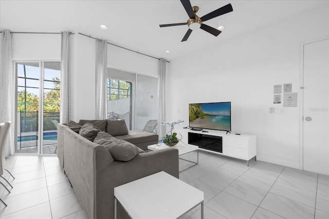 living room with ceiling fan