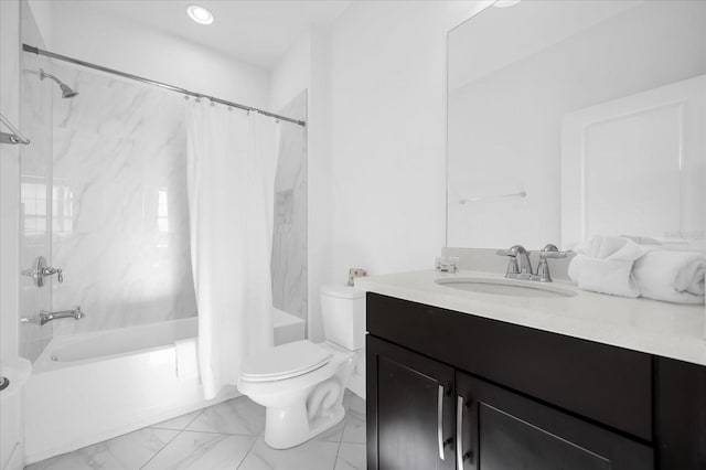 full bathroom featuring shower / bath combo, toilet, and vanity