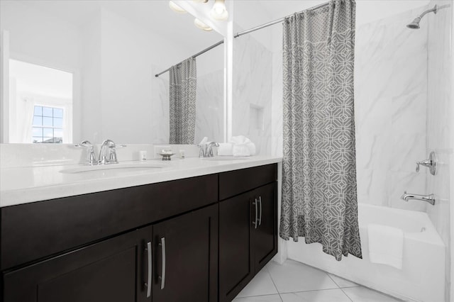 bathroom with tile patterned floors, shower / bath combination with curtain, and vanity