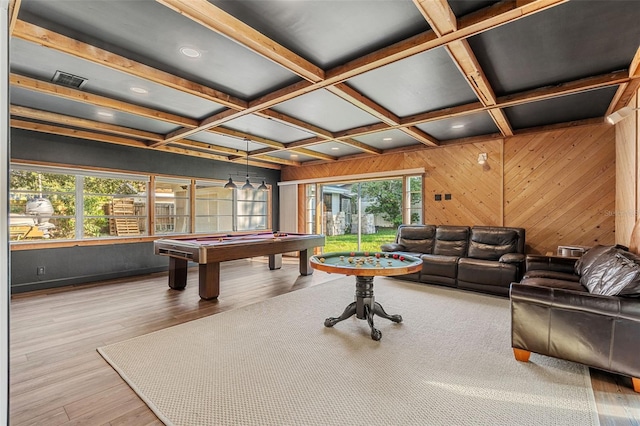 playroom with wood walls, coffered ceiling, billiards, hardwood / wood-style flooring, and beam ceiling