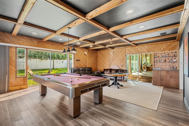 recreation room with hardwood / wood-style flooring, beamed ceiling, billiards, and coffered ceiling