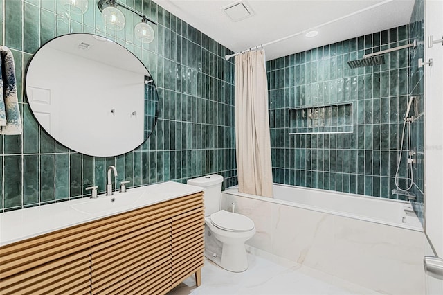 full bathroom with toilet, shower / bathtub combination with curtain, and tile walls