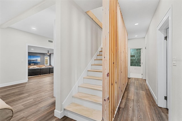 stairway featuring ceiling fan and wood-type flooring